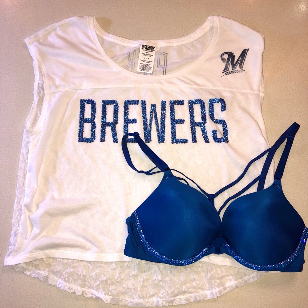 💎 LIKE NEW CUSTOM BLING RHINESTONE BEDAZZLED VS PINK TEE MLB BREWERS SMALL